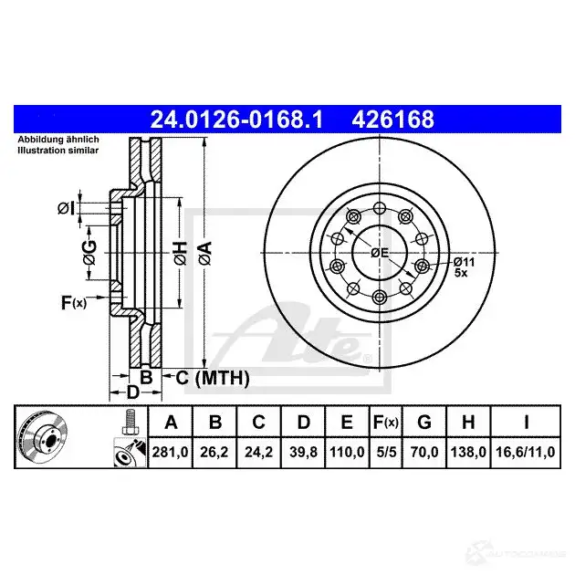 Тормозной диск ATE 85WUB22 4 26168 58712 24012601681 изображение 0