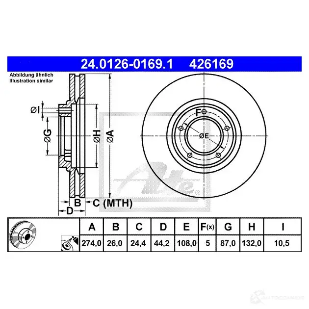 Тормозной диск ATE 24012601691 4261 69 58713 WPUR84P изображение 0