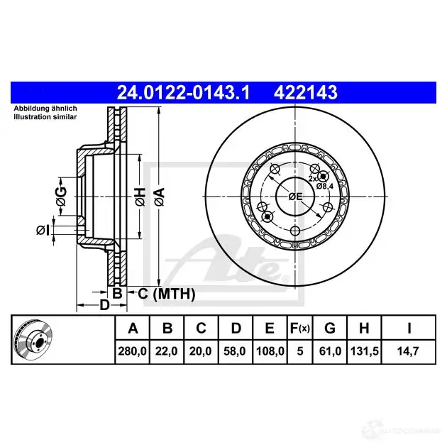 Тормозной диск ATE 58298 4221 43 24012201431 XZY8G изображение 0