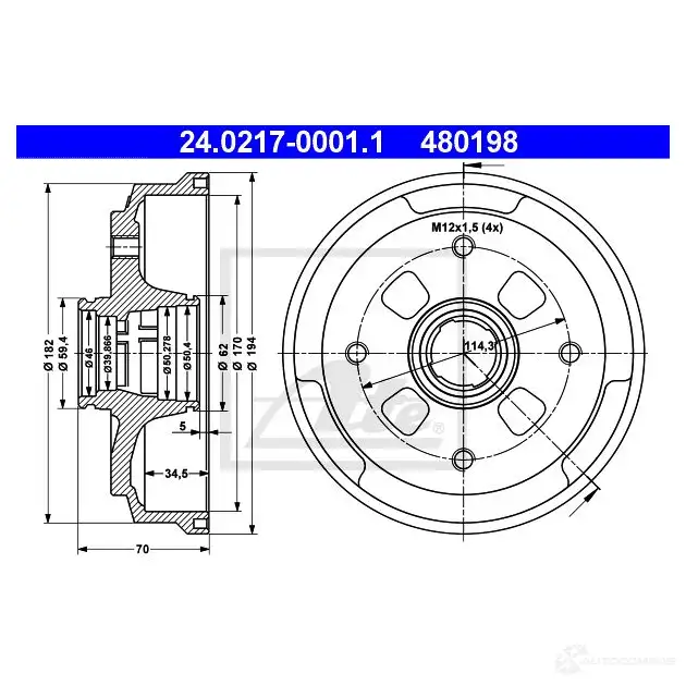 Тормозной барабан ATE 48019 8 0PPA431 24021700011 59064 изображение 0