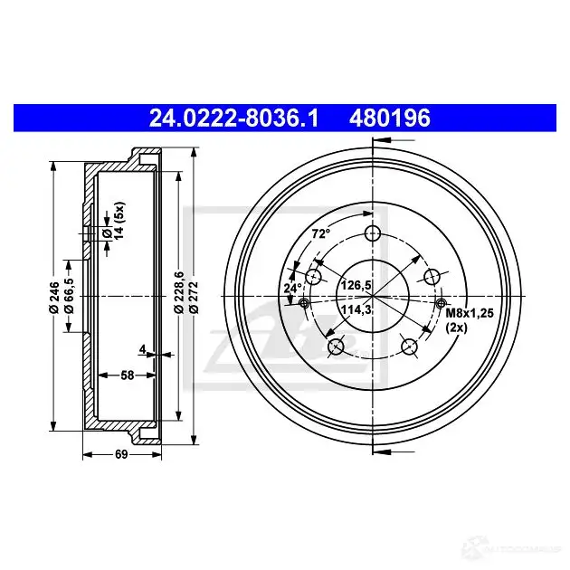 Тормозной барабан ATE F927L9 24022280361 48 0196 59195 изображение 0