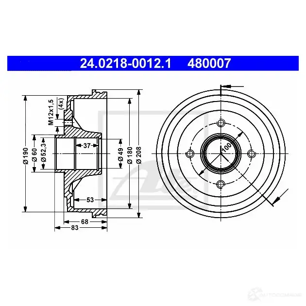 Тормозной барабан ATE AD4L4 480 007 59070 24021800121