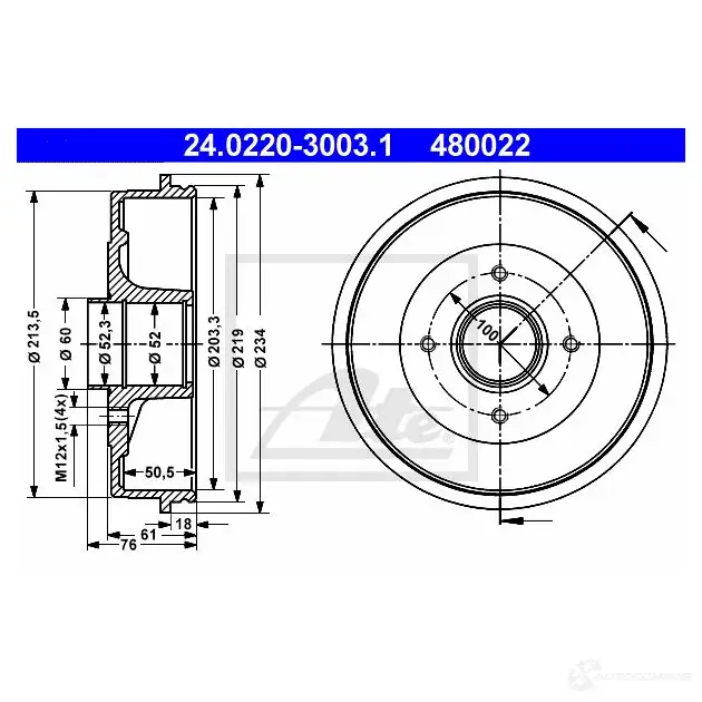 Тормозной барабан ATE 24022030031 99WSWVX 59140 4 80022 изображение 0