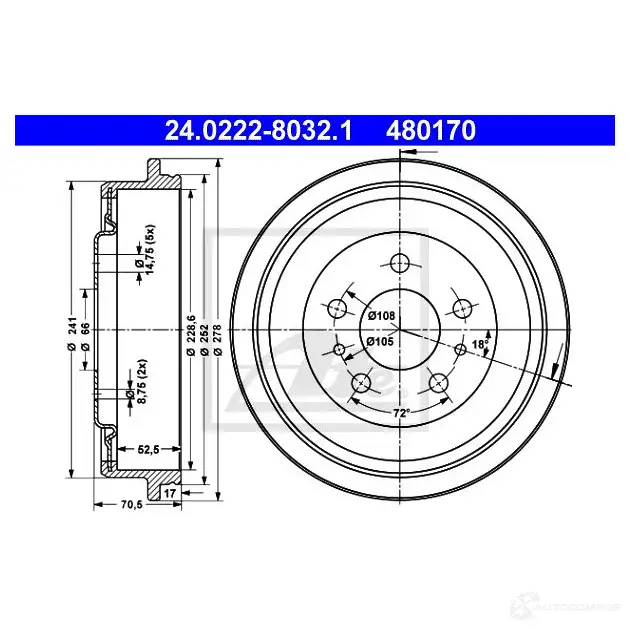 Тормозной барабан ATE UOFES0T 48 0170 24022280321 59191 изображение 0