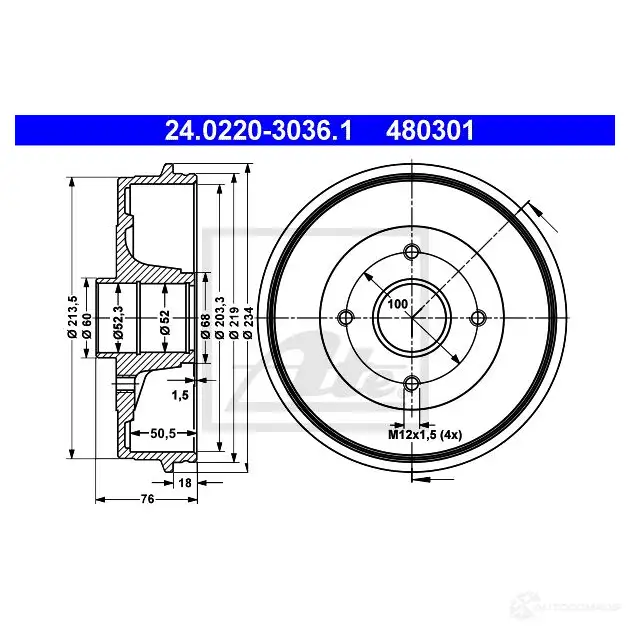 Тормозной барабан ATE 24022030361 59165 4 80301 75Z1H4