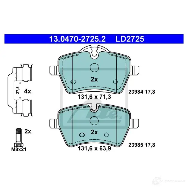 Тормозные колодки, комплект ATE 57123 239 84 13047027252 23985 изображение 0