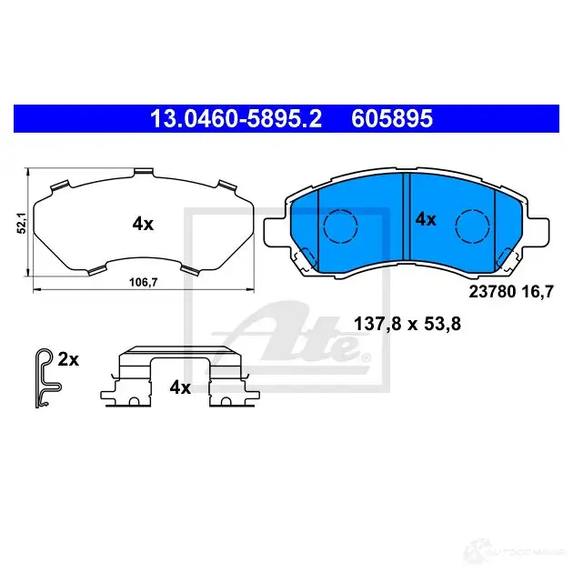 Тормозные колодки, комплект ATE 237 80 605895 56758 13046058952 изображение 0