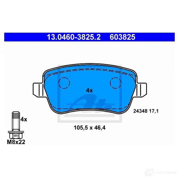 Тормозные колодки, комплект ATE 243 48 603825 13046038252 56291 изображение 0