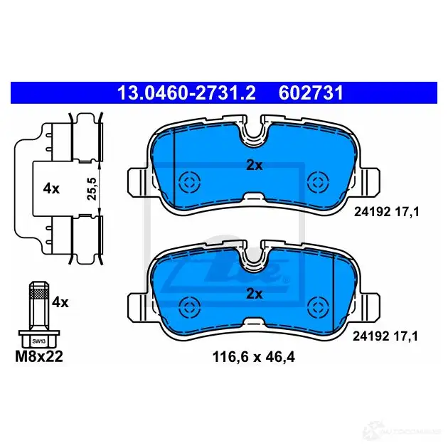 Тормозные колодки, комплект ATE 602731 241 92 56057 13046027312