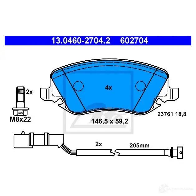 Тормозные колодки, комплект ATE 237 61 56030 13046027042 602704