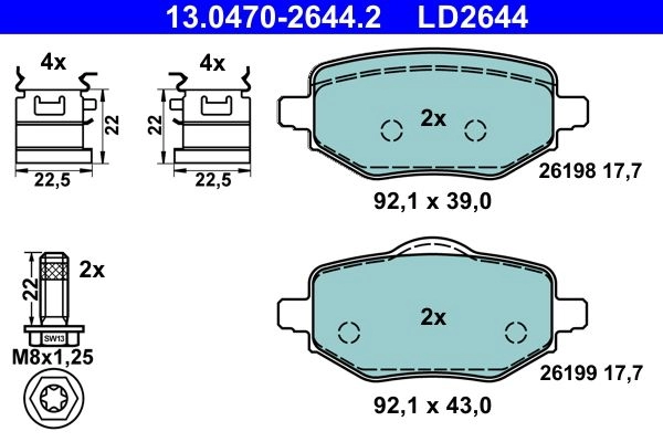 Комплект тормозных колодок, дисковый тормоз ATE 13.0470-2644.2 1440103655 RH0 EYV8 изображение 0