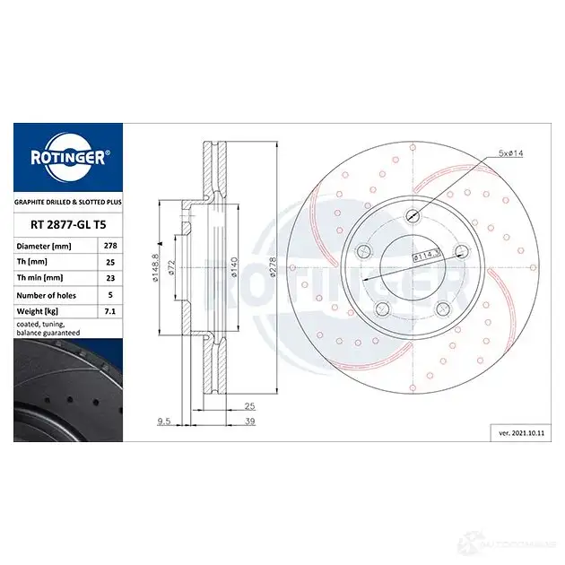 Тормозной диск ROTINGER 1194552529 2877-GL/T 5 YQVU9MD rt2877glt5 - Изображение 1