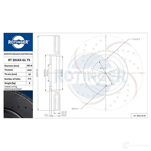 Тормозной диск ROTINGER rt20143glt5 H5QJRR 1194549974 20143-GL/T 5 - Изображение 1