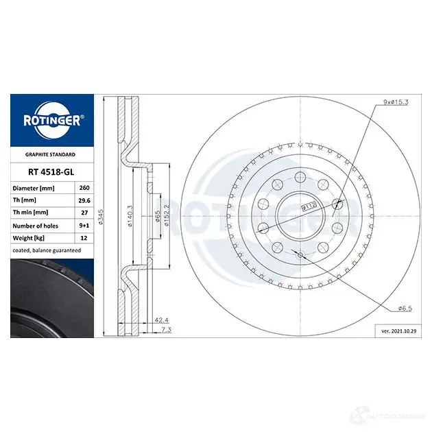 Тормозной диск ROTINGER rt4518gl 1194553107 45 18-GL 7N44J0 изображение 0