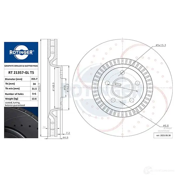 Тормозной диск ROTINGER rt21357glt5 2135 7-GL/T5 1194551523 GJU50PU - Изображение 1