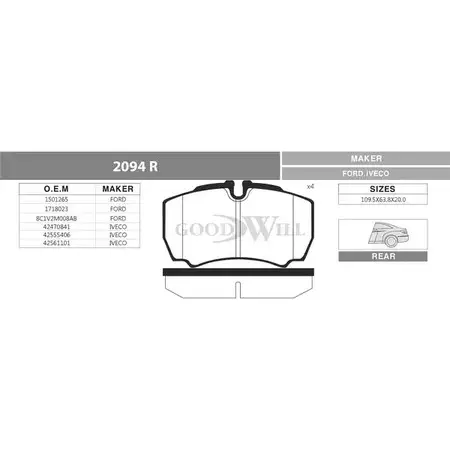 Тормозные колодки, дисковые, комплект GOODWILL 3789686 Z46G V 7RFDI 2094 R