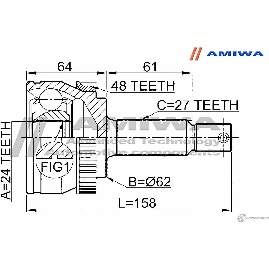 Шрус наружный 24x62x27 AMIWA 24-21-1920 W 0Q87D 3LC7F7 1422492482 изображение 1