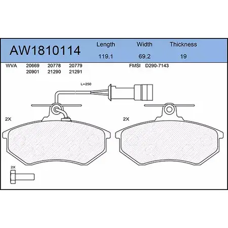 Тормозные колодки, дисковые, комплект AYWIPARTS W PV65 AO9VAMH 4381258 AW1810114 изображение 0