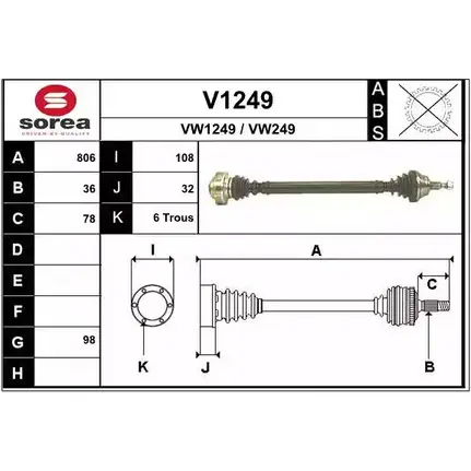 Приводной вал SNRA VW249 V1249 1194334703 VW 1249