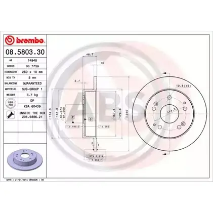 Тормозной диск A.B.S. 1198177792 CJ39JL 3ZMWI G 08.5803.30 изображение 0