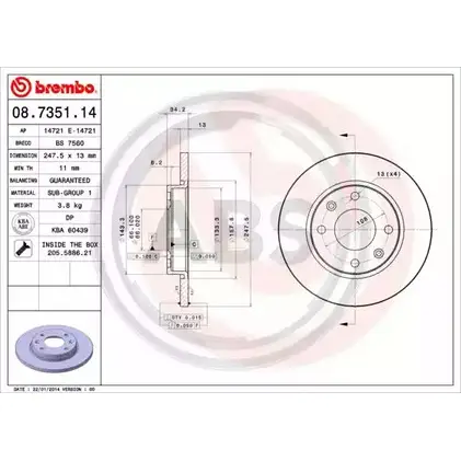 Тормозной диск A.B.S. GV1QBL 1198177890 08.7351.14 PH HR2 изображение 0