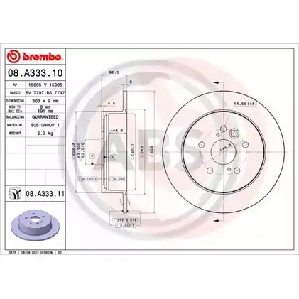 Тормозной диск A.B.S. 08.A333.10 GV0 UI2 EBMSP9 1198178180 изображение 0