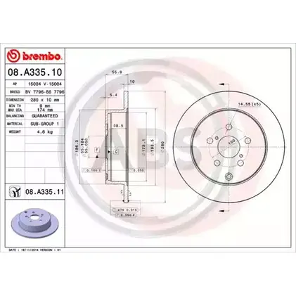 Тормозной диск A.B.S. BG4H LR CKVB8 08.A335.10 1198178182 изображение 0