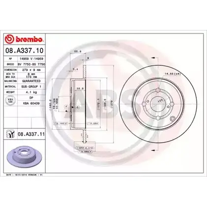 Тормозной диск A.B.S. EMWDM 1198178186 FMW 2D8 08.A337.10 изображение 0