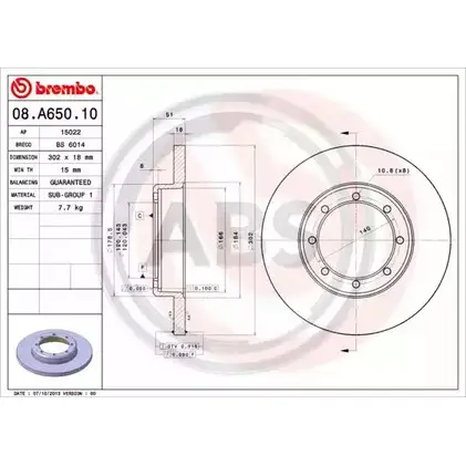 Тормозной диск A.B.S. 6R UD6 08.A650.10 1198178238 2BWKN изображение 0