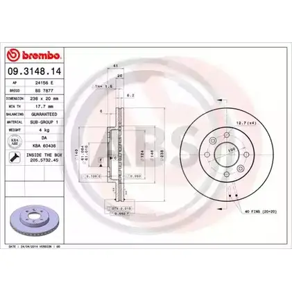 Тормозной диск A.B.S. 1198178370 09.3148.14 V4I G4 C0ALDQ изображение 0