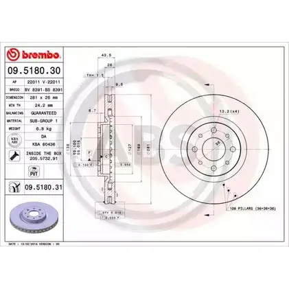 Тормозной диск A.B.S. 09.5180.31 4XWFV4 1198178466 2OX DVPX