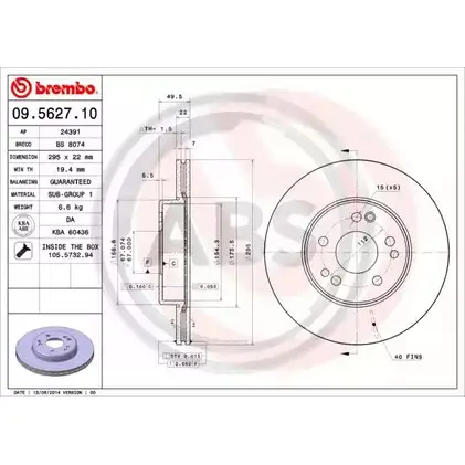 Тормозной диск A.B.S. 60CKI QH3 VO 1198178548 09.5627.10 изображение 0