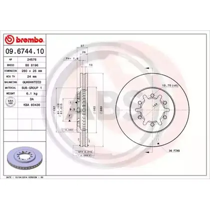 Тормозной диск A.B.S. 1198178664 WJ3PQ5 09.6744.10 9 P9JL изображение 0