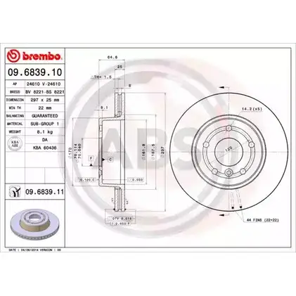 Тормозной диск A.B.S. 1198178702 E6S7E 09.6839.10 25OIK VQ изображение 0