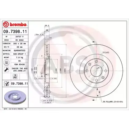 Тормозной диск A.B.S. 09.7398.11 1198178818 ETWH DS NT4FUIN изображение 0