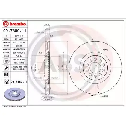 Тормозной диск A.B.S. Q5TQ2K 1198178888 09.7880.11 VP T7Z8