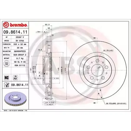 Тормозной диск A.B.S. O7FSO 1198178950 09.8614.11 3V ZD017 изображение 0