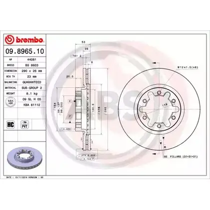 Тормозной диск A.B.S. 09.8965.10 EYBKM H W9YA 1198179036 изображение 0