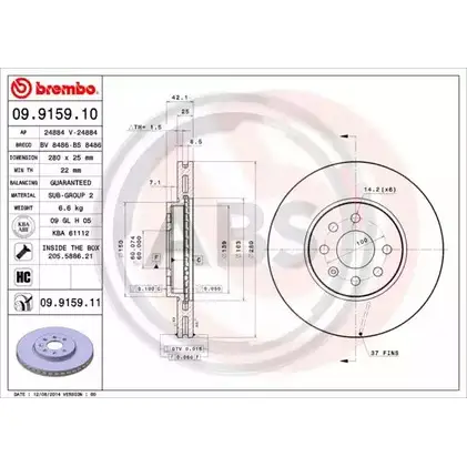 Тормозной диск A.B.S. TYLV7 Y 2GD664V 09.9159.11 1198179078