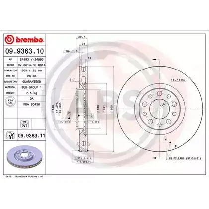 Тормозной диск A.B.S. ZK KQ2 09.9363.11 1198179118 4VRDYU изображение 0