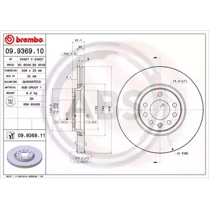 Тормозной диск A.B.S. MZ9QT IO1V J2N 09.9369.11 1198179132 изображение 0