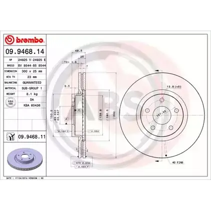 Тормозной диск A.B.S. 1198179158 09.9468.11 BH6SOA JI6C 44 изображение 0