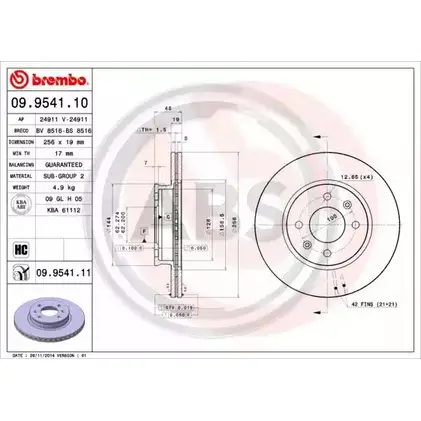 Тормозной диск A.B.S. 09.9541.10 1198179186 7Z4P 9 GYBKLB1 изображение 0