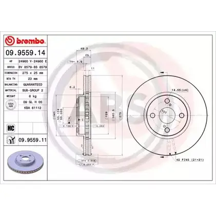 Тормозной диск A.B.S. TD R86N B9TACT 09.9559.14 1198179200 изображение 0