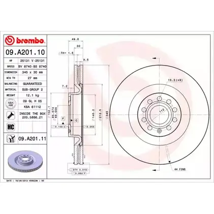Тормозной диск A.B.S. F T9HB N0KGBGU 09.A201.10 1198179400 изображение 0