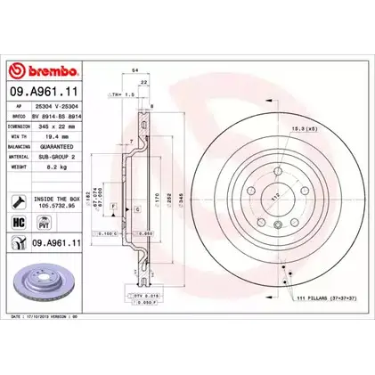 Тормозной диск A.B.S. 09.A961.11 8VCGZ1Q PZ4L 0 1198179662 изображение 0