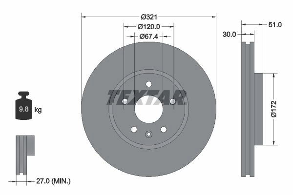 Тормозной диск TEXTAR W42BI7 98200 1870 0 1 PRO 92187003 523229