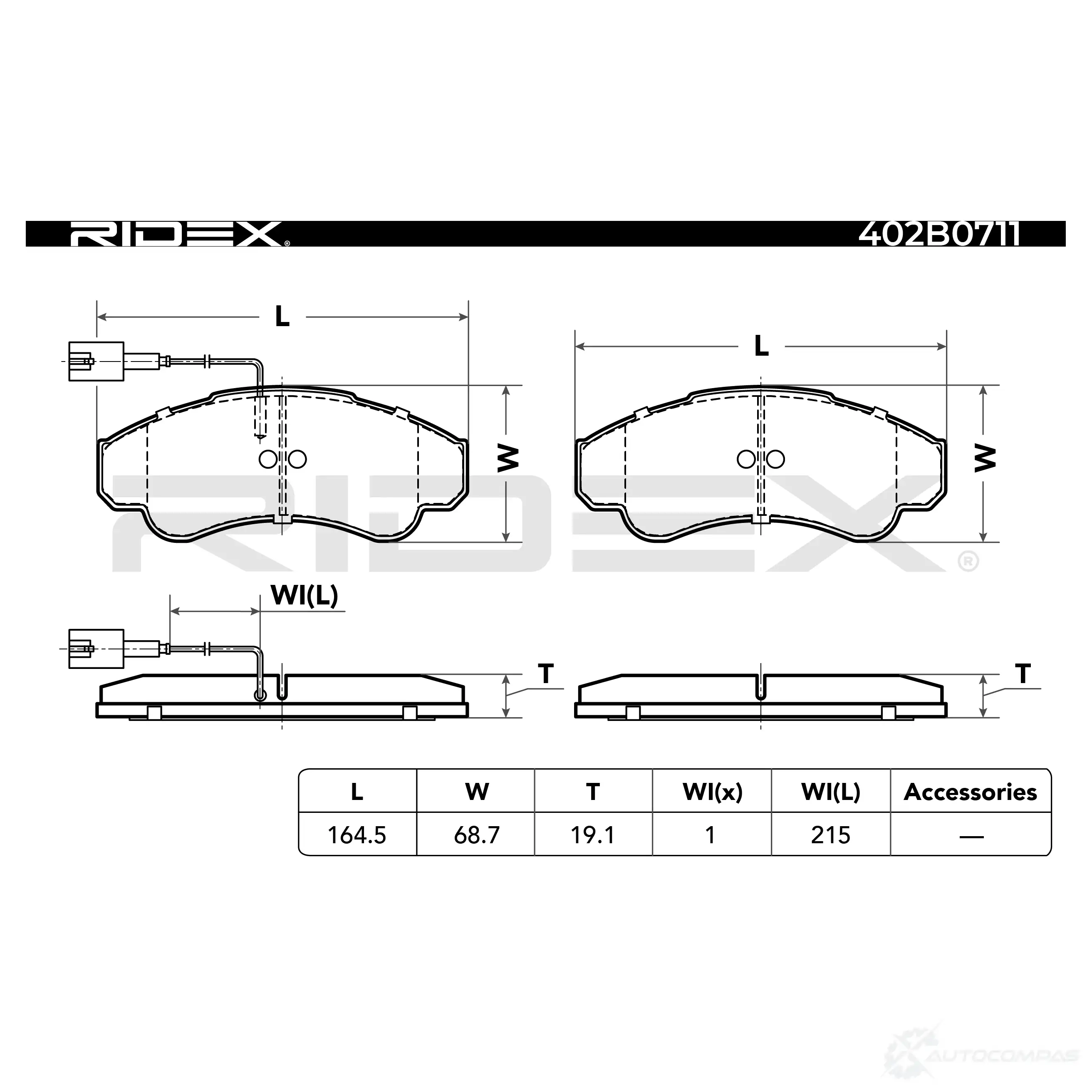 Тормозные колодки, комплект RIDEX 402b0711 1437658297 WREC O изображение 2