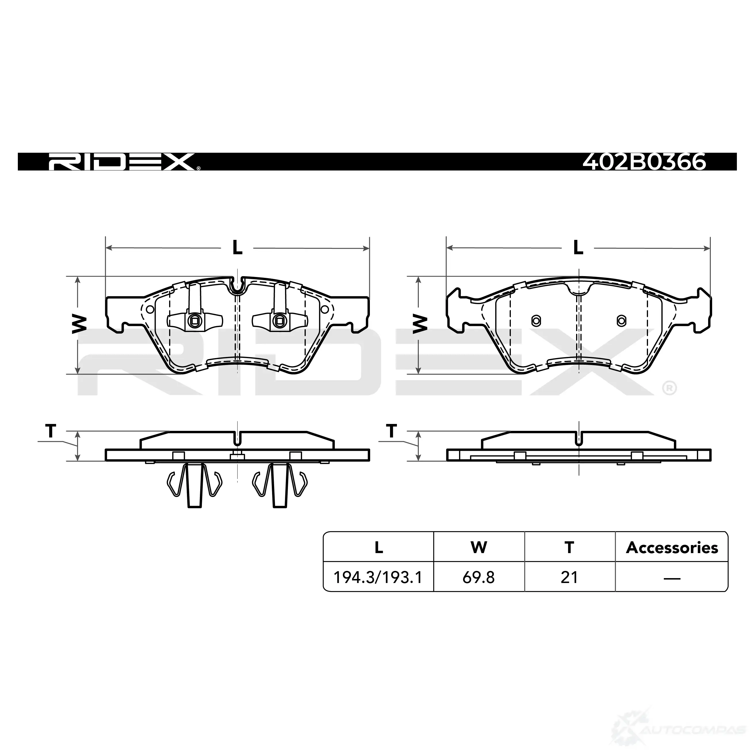 Тормозные колодки, комплект RIDEX 402b0366 1437659625 0MJIH6 4 изображение 4