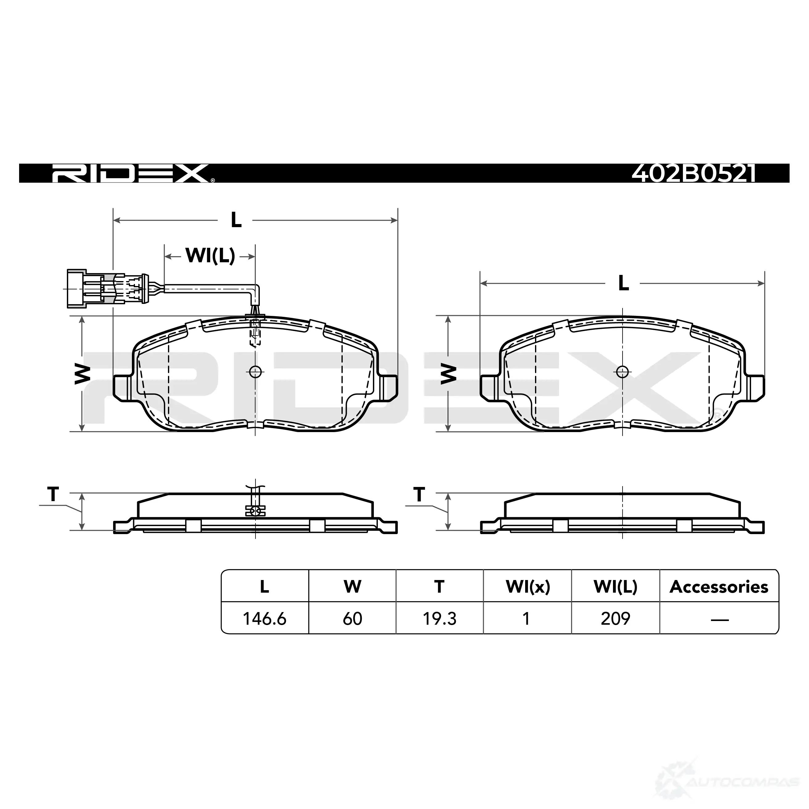 Тормозные колодки, комплект RIDEX 402b0521 1437659783 I1 T0GJ изображение 2